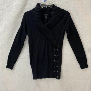 Style & Co Women's Sweater V-Neck Laced Front Woman's XS Black Long Sleeve NEW